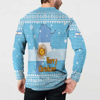 Argentina Christmas Button Sweatshirt with Blue-White Snowflake Pattern, Sun Emblem, and Map Motif - Wonder Print Shop