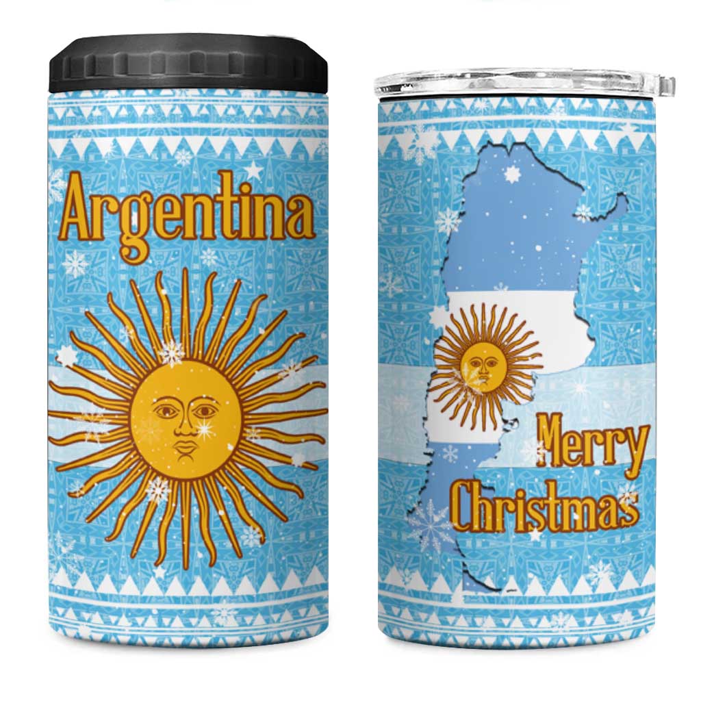 Argentina Christmas 4 in 1 Can Cooler Tumbler with Blue-White Snowflake Pattern, Sun Emblem, and Map Motif - Wonder Print Shop