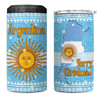 Argentina Christmas 4 in 1 Can Cooler Tumbler with Blue-White Snowflake Pattern, Sun Emblem, and Map Motif - Wonder Print Shop