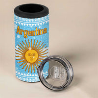 Argentina Christmas 4 in 1 Can Cooler Tumbler with Blue-White Snowflake Pattern, Sun Emblem, and Map Motif - Wonder Print Shop