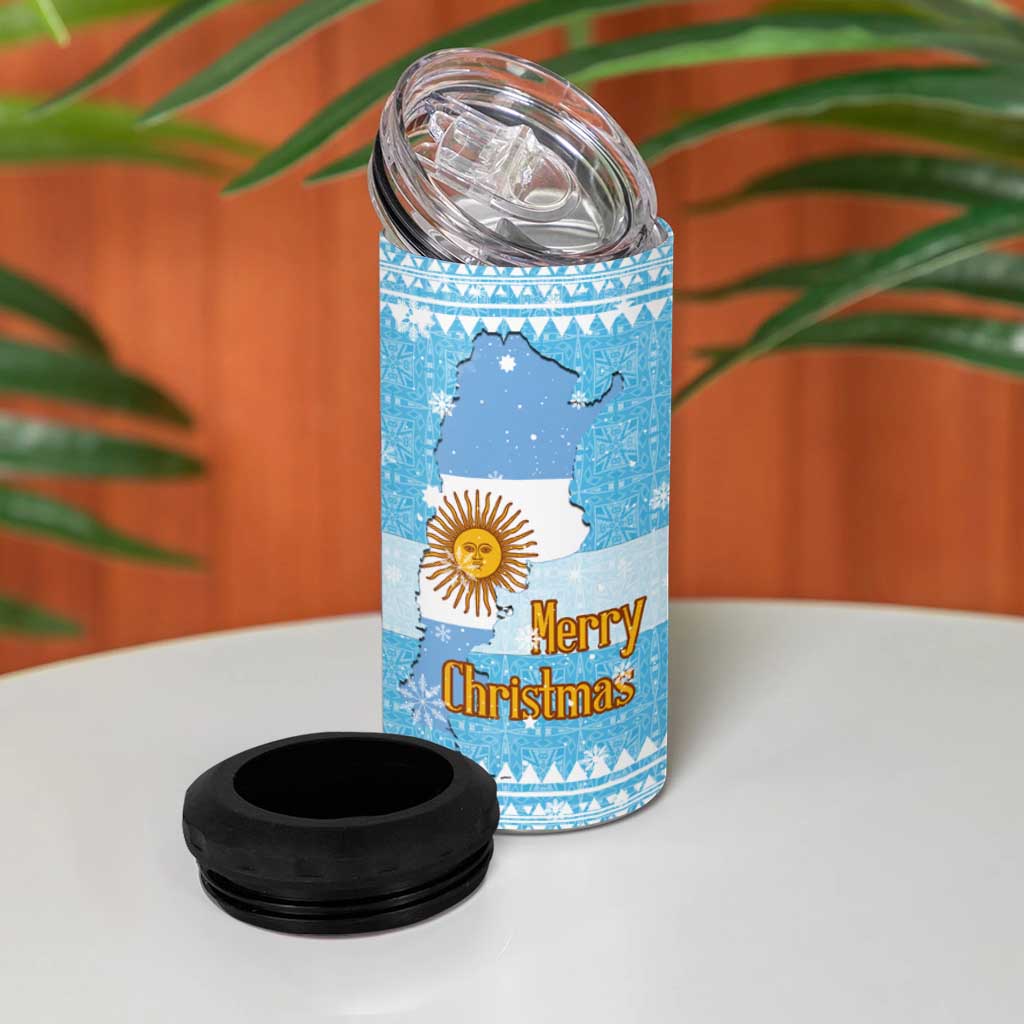 Argentina Christmas 4 in 1 Can Cooler Tumbler with Blue-White Snowflake Pattern, Sun Emblem, and Map Motif - Wonder Print Shop