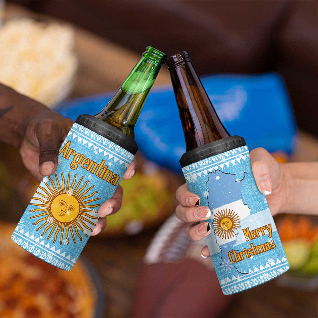 Argentina Christmas 4 in 1 Can Cooler Tumbler with Blue-White Snowflake Pattern, Sun Emblem, and Map Motif - Wonder Print Shop