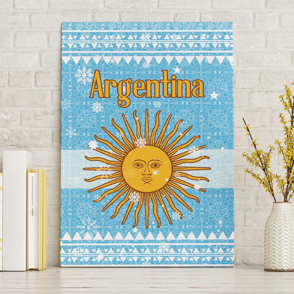 Argentina Christmas Canvas Wall Art with Blue-White Snowflake Pattern, Sun Emblem, and Map Motif - Wonder Print Shop