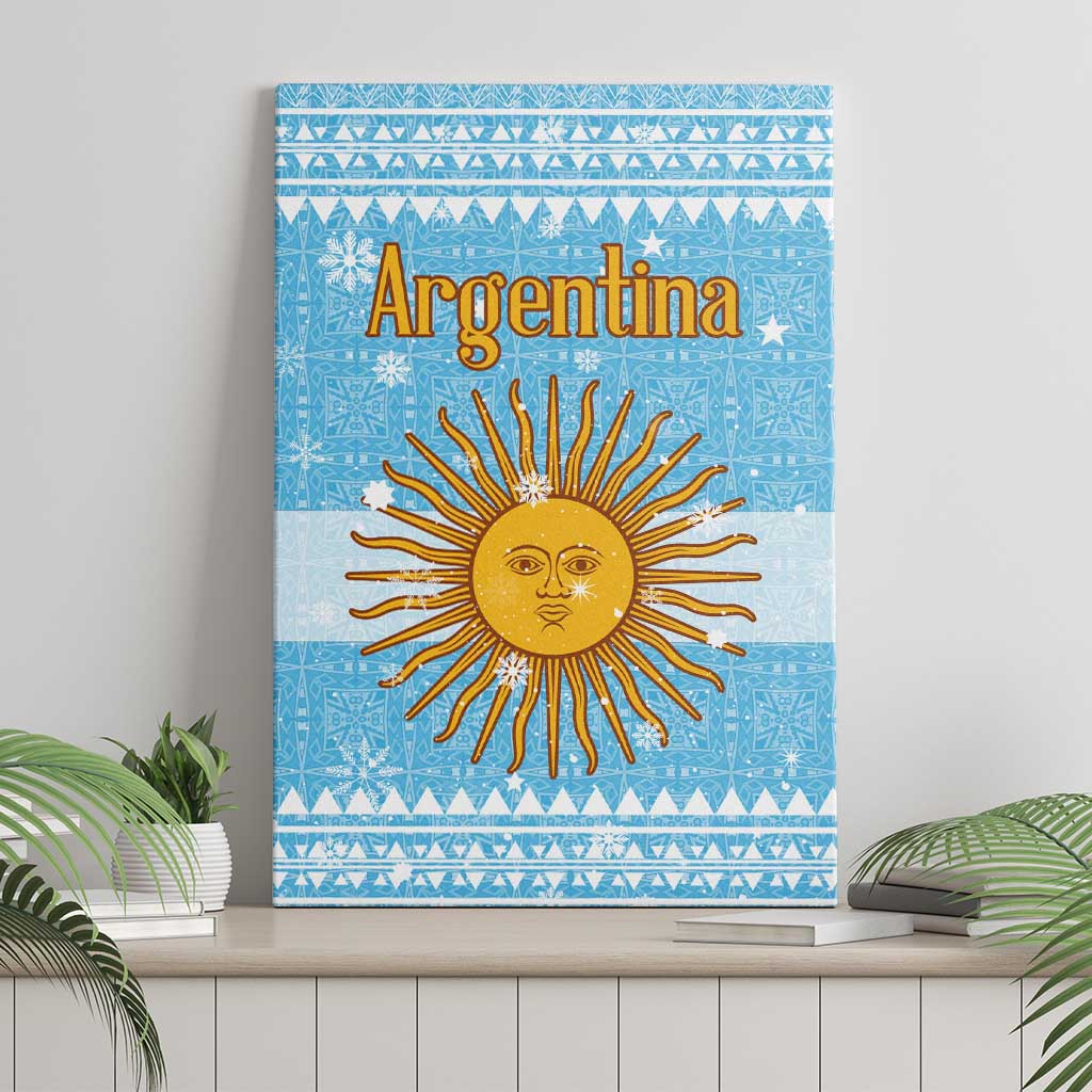 Argentina Christmas Canvas Wall Art with Blue-White Snowflake Pattern, Sun Emblem, and Map Motif - Wonder Print Shop