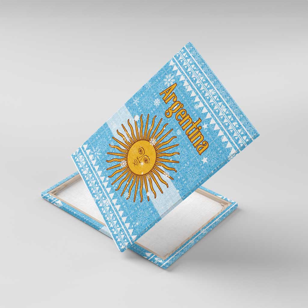 Argentina Christmas Canvas Wall Art with Blue-White Snowflake Pattern, Sun Emblem, and Map Motif - Wonder Print Shop