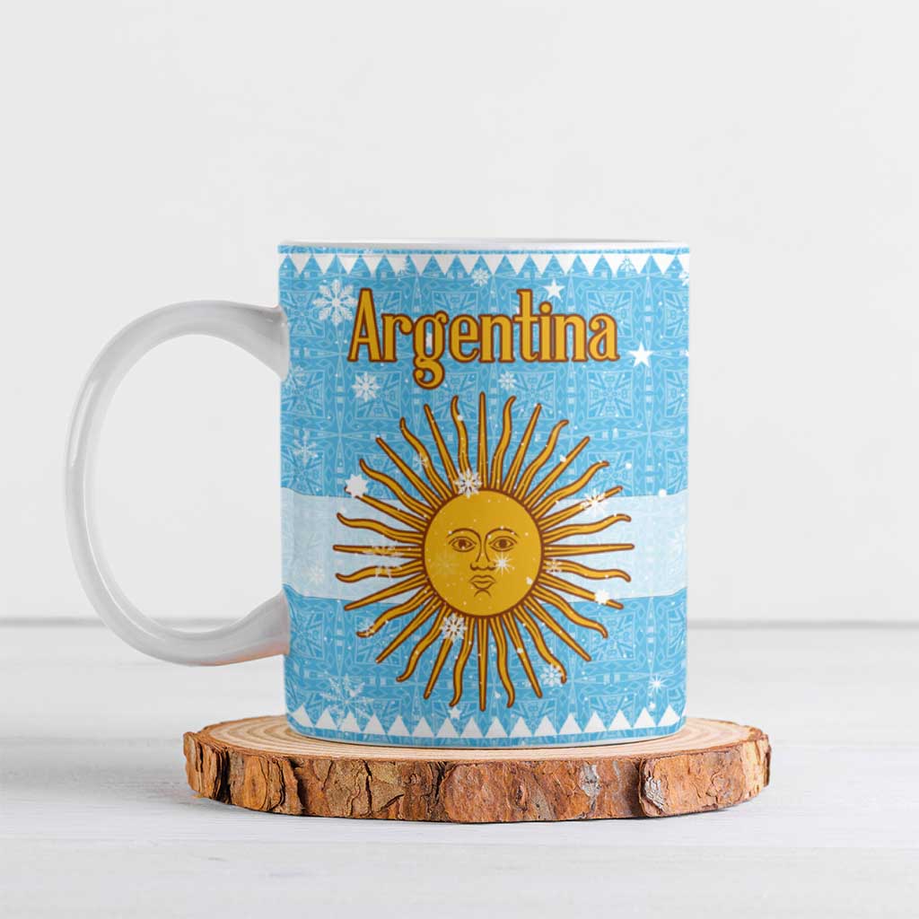 Argentina Christmas Ceramic Mug with Blue-White Snowflake Pattern, Sun Emblem, and Map Motif - Wonder Print Shop