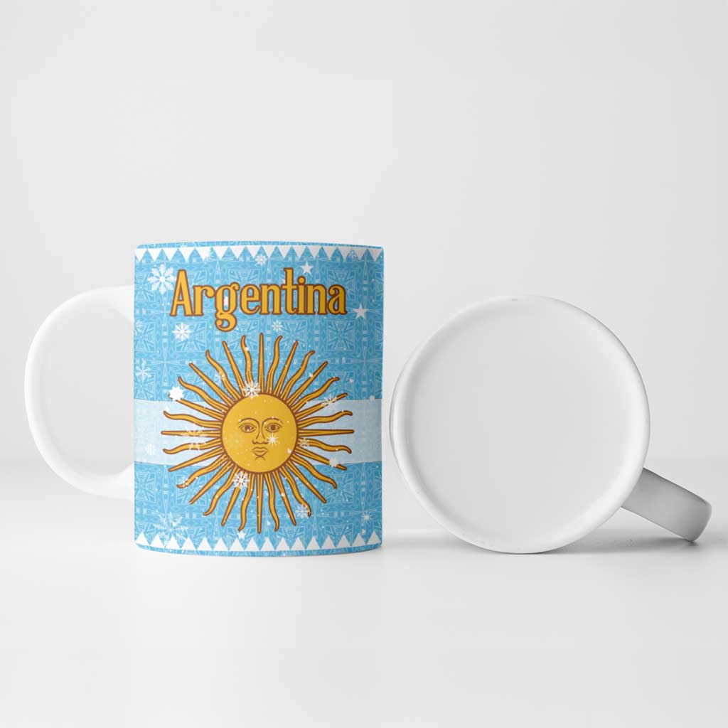 Argentina Christmas Ceramic Mug with Blue-White Snowflake Pattern, Sun Emblem, and Map Motif - Wonder Print Shop