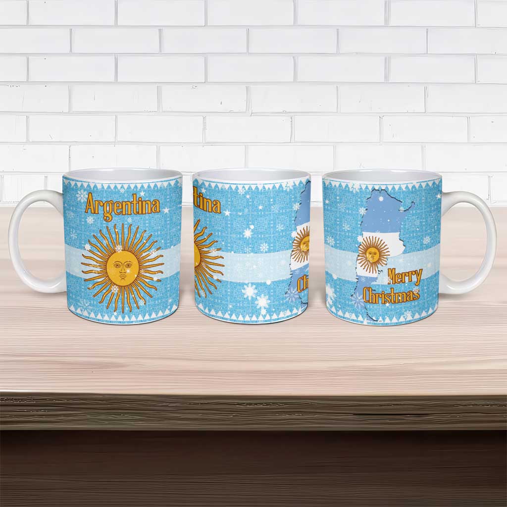Argentina Christmas Ceramic Mug with Blue-White Snowflake Pattern, Sun Emblem, and Map Motif - Wonder Print Shop