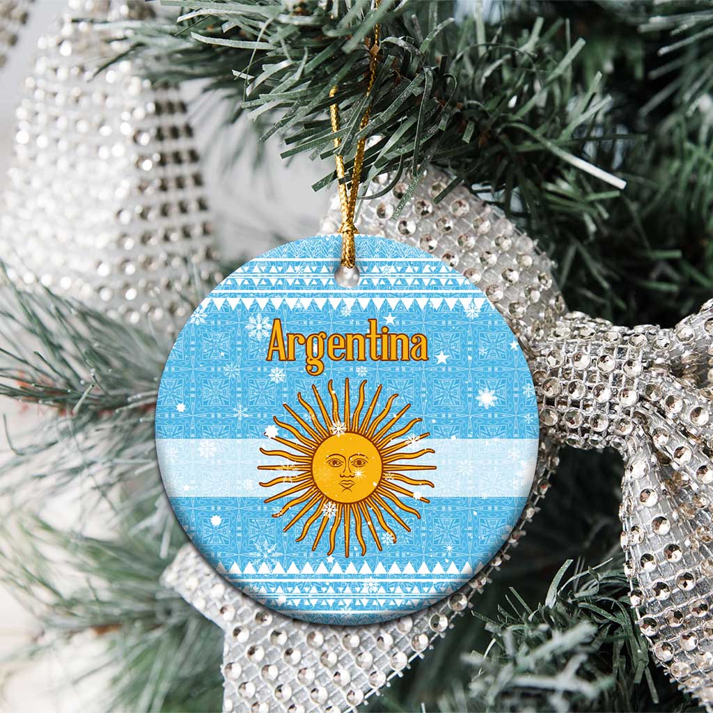Argentina Christmas Ceramic Ornament with Blue-White Snowflake Pattern, Sun Emblem, and Map Motif - Wonder Print Shop