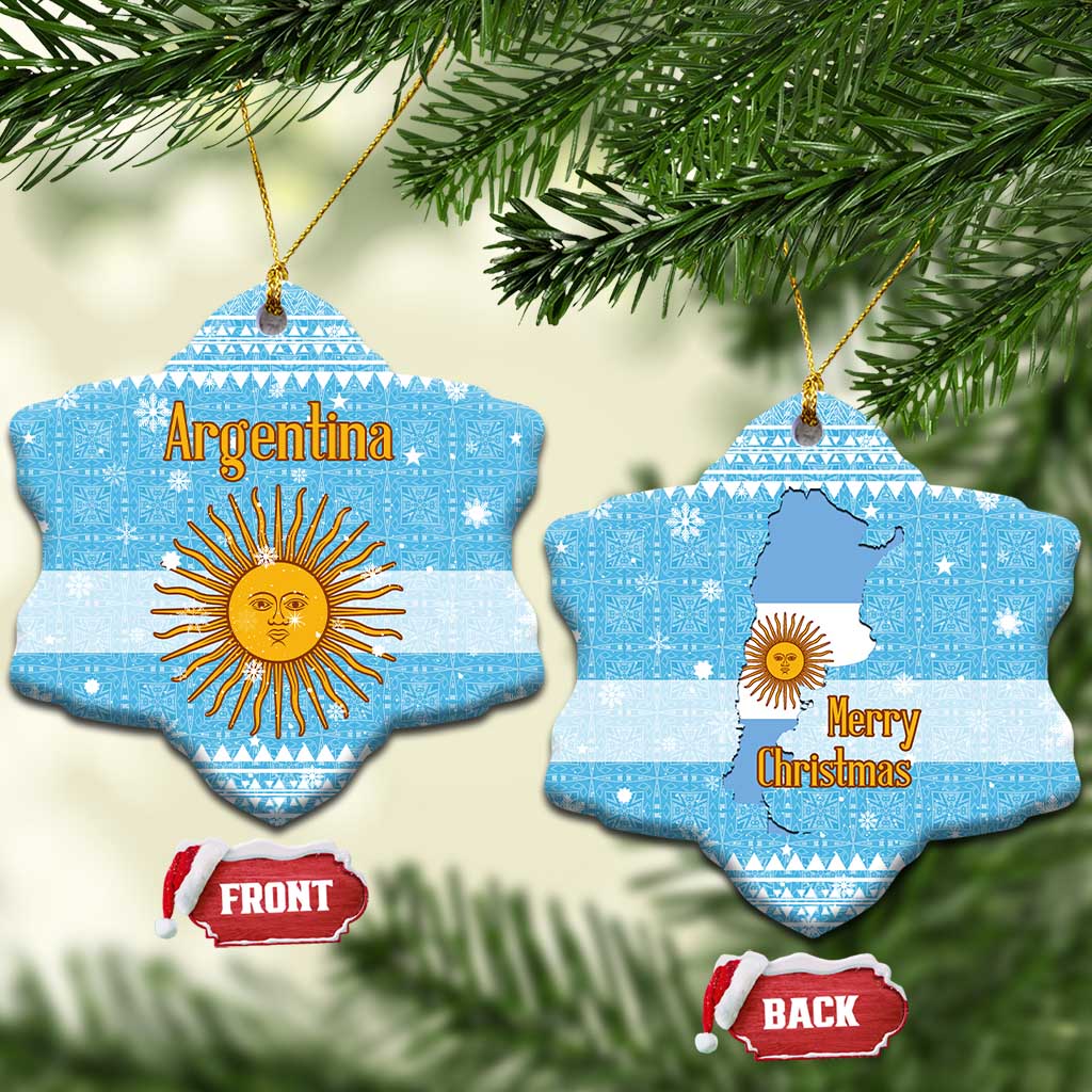 Argentina Christmas Ceramic Ornament with Blue-White Snowflake Pattern, Sun Emblem, and Map Motif - Wonder Print Shop