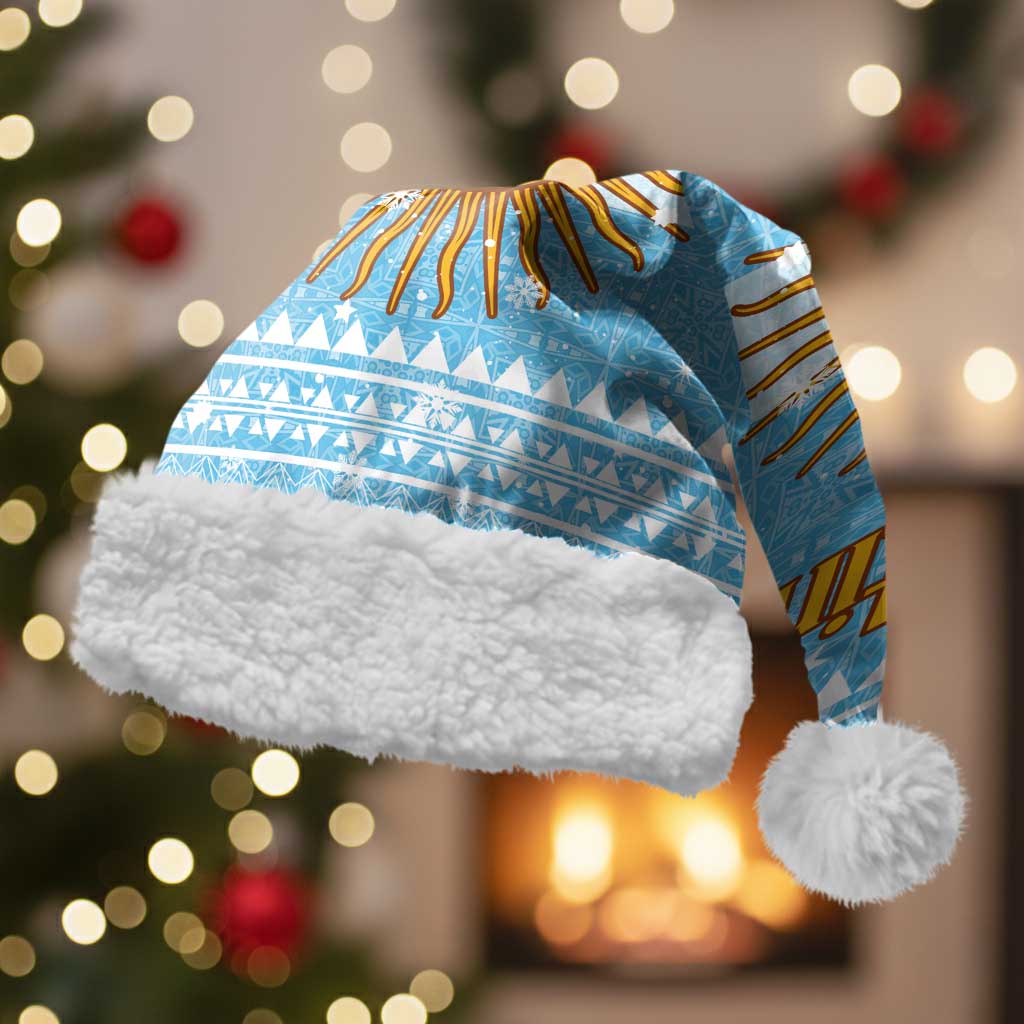 Argentina Christmas Santa Hat with Blue-White Snowflake Pattern, Sun Emblem, and Map Motif - Wonder Print Shop