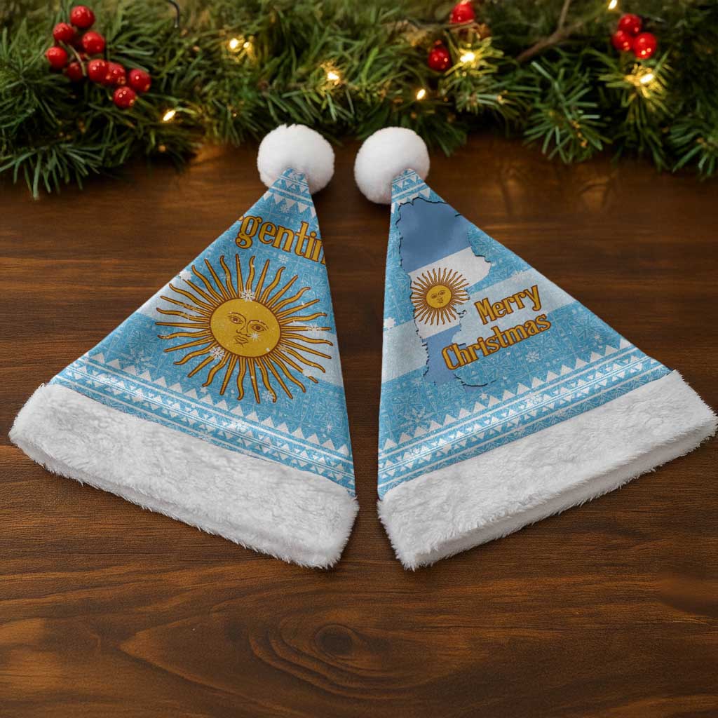 Argentina Christmas Santa Hat with Blue-White Snowflake Pattern, Sun Emblem, and Map Motif - Wonder Print Shop