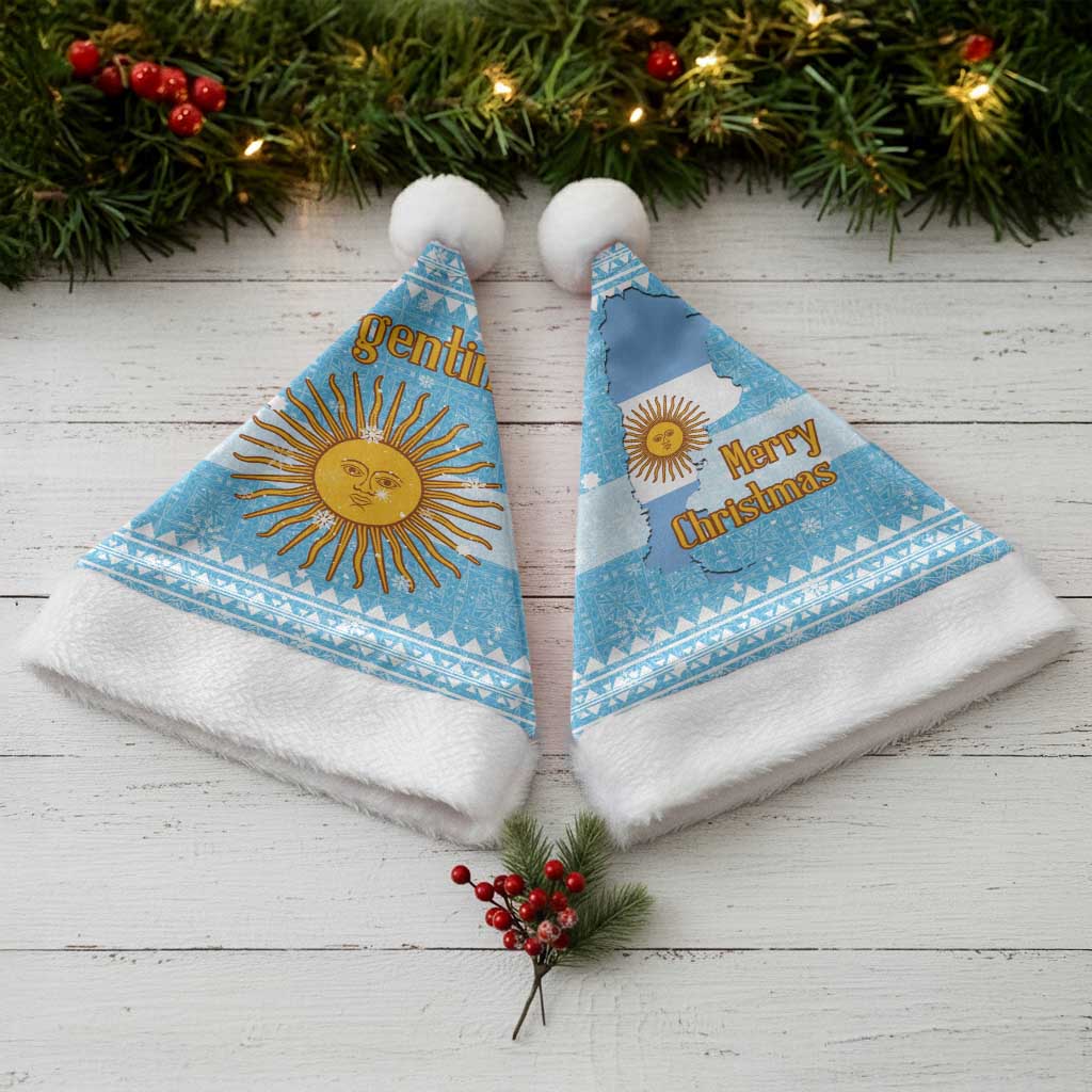 Argentina Christmas Santa Hat with Blue-White Snowflake Pattern, Sun Emblem, and Map Motif - Wonder Print Shop