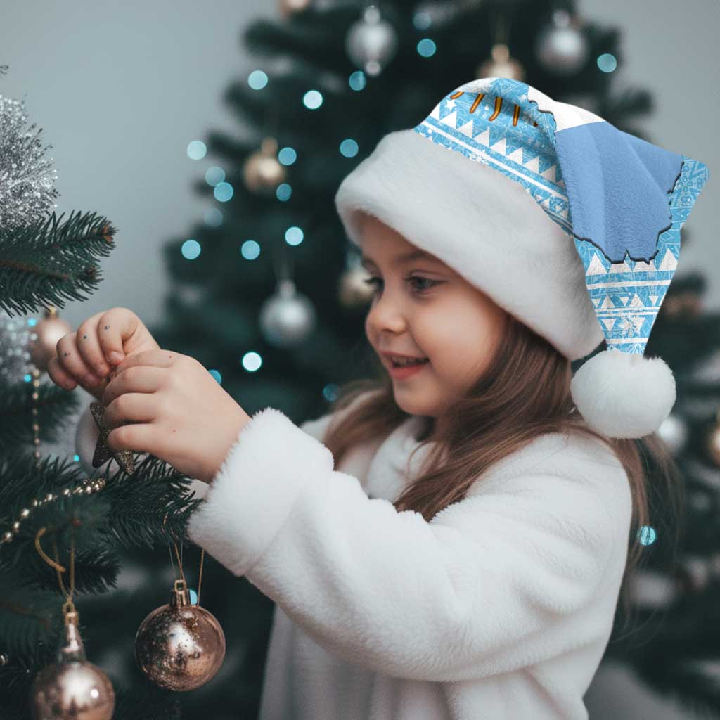 Argentina Christmas Santa Hat with Blue-White Snowflake Pattern, Sun Emblem, and Map Motif - Wonder Print Shop