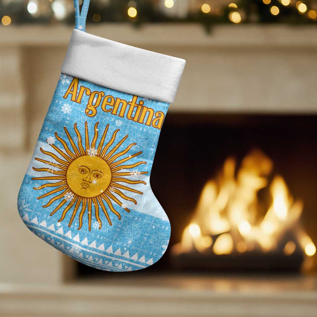 Argentina Christmas Stocking with Blue-White Snowflake Pattern, Sun Emblem, and Map Motif - Wonder Print Shop