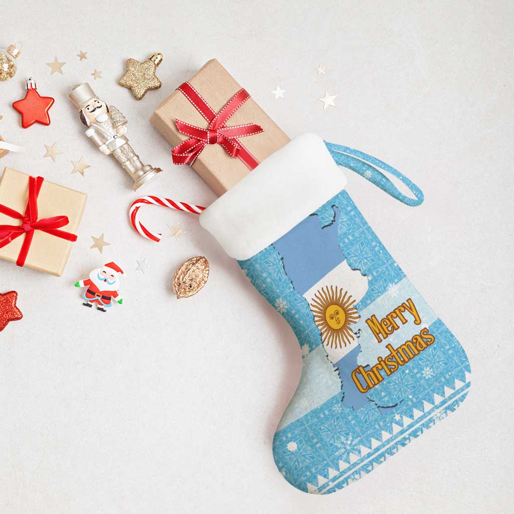 Argentina Christmas Stocking with Blue-White Snowflake Pattern, Sun Emblem, and Map Motif - Wonder Print Shop