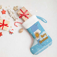Argentina Christmas Stocking with Blue-White Snowflake Pattern, Sun Emblem, and Map Motif - Wonder Print Shop