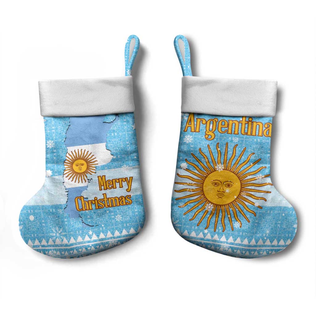 Argentina Christmas Stocking with Blue-White Snowflake Pattern, Sun Emblem, and Map Motif - Wonder Print Shop