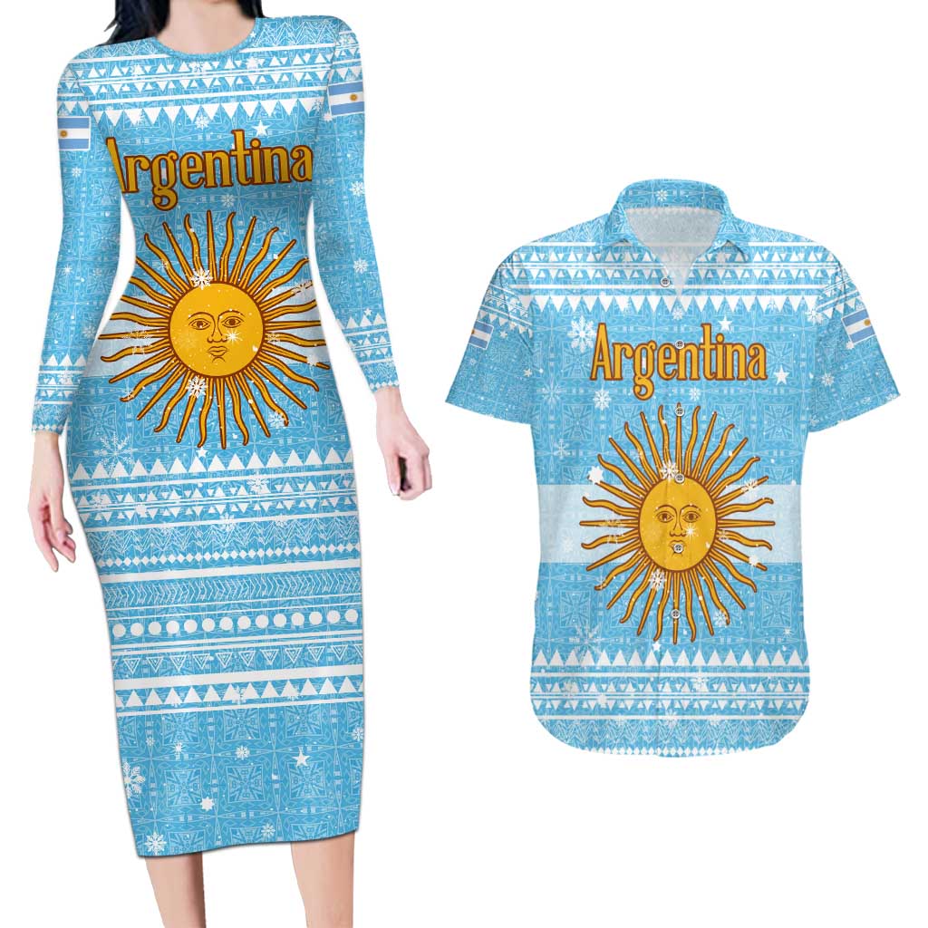Argentina Christmas Couples Matching Long Sleeve Bodycon Dress and Hawaiian Shirt with Blue-White Snowflake Pattern, Sun Emblem, and Map Motif - Wonder Print Shop
