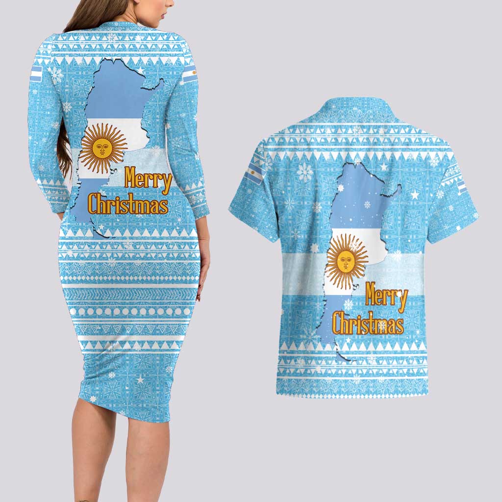 Argentina Christmas Couples Matching Long Sleeve Bodycon Dress and Hawaiian Shirt with Blue-White Snowflake Pattern, Sun Emblem, and Map Motif - Wonder Print Shop