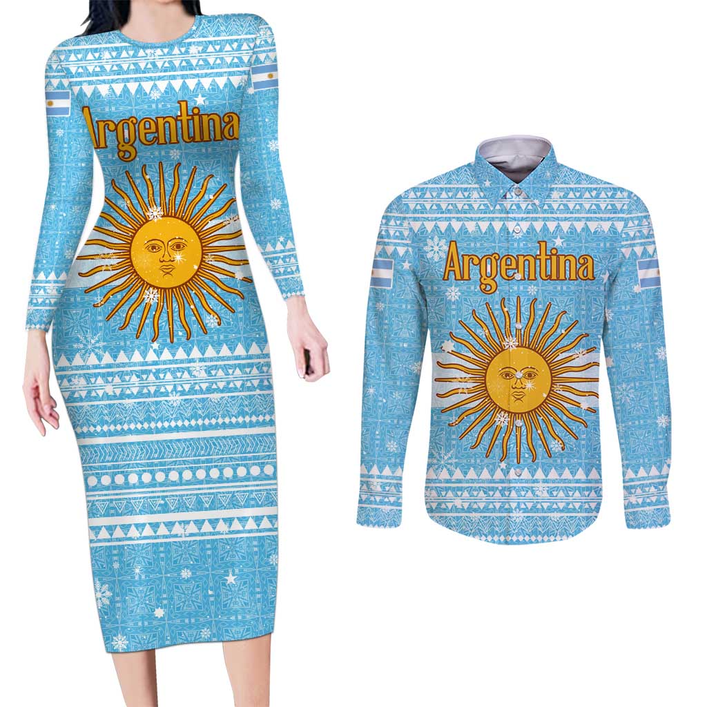 Argentina Christmas Couples Matching Long Sleeve Bodycon Dress and Long Sleeve Button Shirt with Blue-White Snowflake Pattern, Sun Emblem, and Map Motif - Wonder Print Shop
