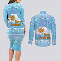 Argentina Christmas Couples Matching Long Sleeve Bodycon Dress and Long Sleeve Button Shirt with Blue-White Snowflake Pattern, Sun Emblem, and Map Motif - Wonder Print Shop