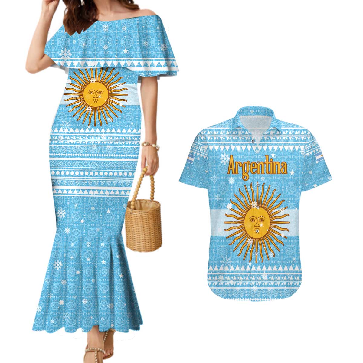 Argentina Christmas Couples Matching Mermaid Dress and Hawaiian Shirt with Blue-White Snowflake Pattern, Sun Emblem, and Map Motif - Wonder Print Shop