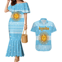 Argentina Christmas Couples Matching Mermaid Dress and Hawaiian Shirt with Blue-White Snowflake Pattern, Sun Emblem, and Map Motif - Wonder Print Shop