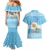 Argentina Christmas Couples Matching Mermaid Dress and Hawaiian Shirt with Blue-White Snowflake Pattern, Sun Emblem, and Map Motif - Wonder Print Shop