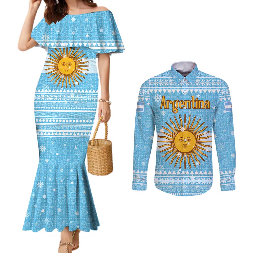 Argentina Christmas Couples Matching Mermaid Dress and Long Sleeve Button Shirt with Blue-White Snowflake Pattern, Sun Emblem, and Map Motif - Wonder Print Shop