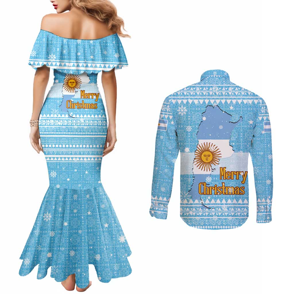 Argentina Christmas Couples Matching Mermaid Dress and Long Sleeve Button Shirt with Blue-White Snowflake Pattern, Sun Emblem, and Map Motif - Wonder Print Shop