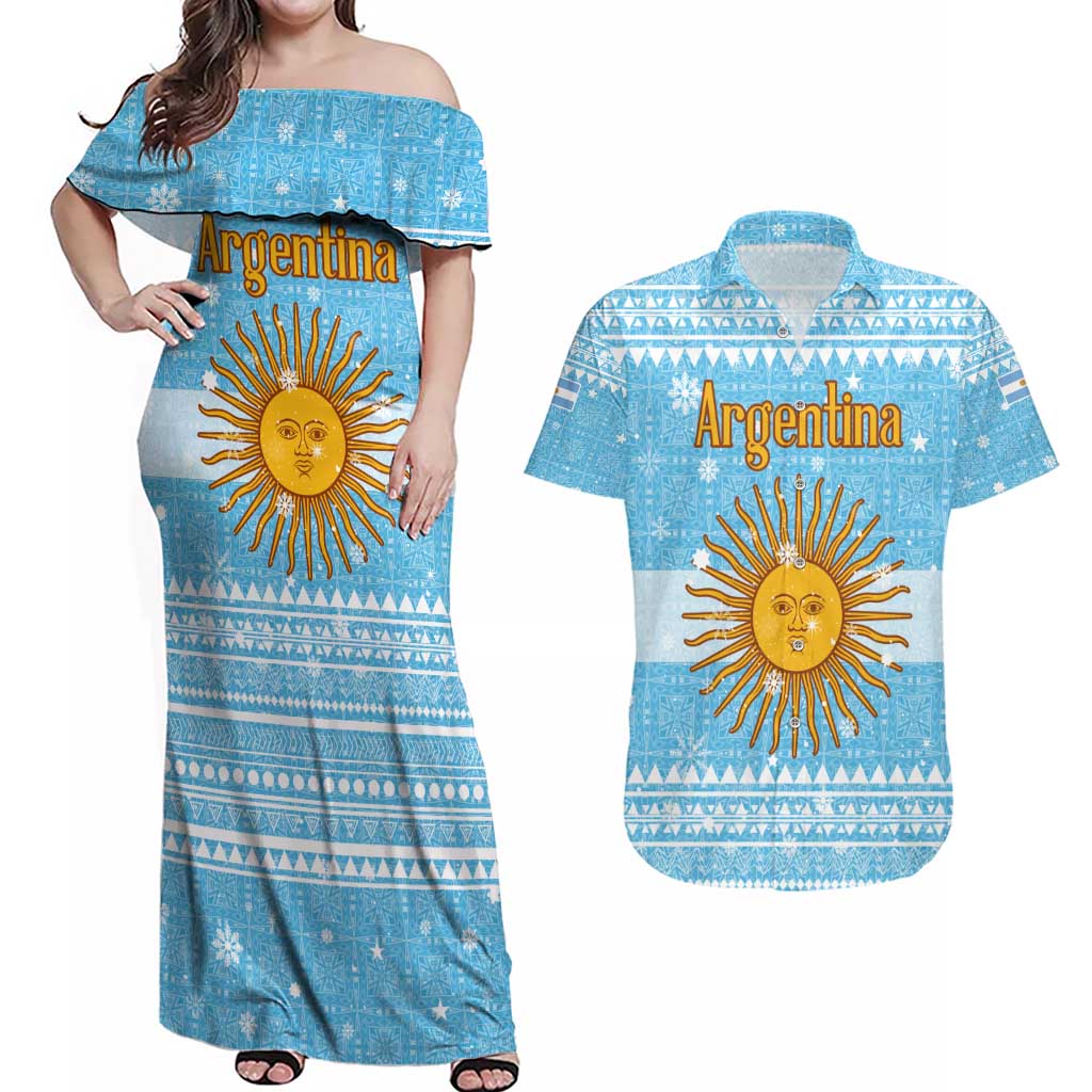 Argentina Christmas Couples Matching Off Shoulder Maxi Dress and Hawaiian Shirt with Blue-White Snowflake Pattern, Sun Emblem, and Map Motif - Wonder Print Shop