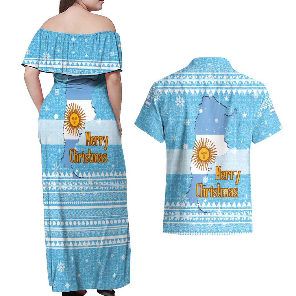 Argentina Christmas Couples Matching Off Shoulder Maxi Dress and Hawaiian Shirt with Blue-White Snowflake Pattern, Sun Emblem, and Map Motif - Wonder Print Shop