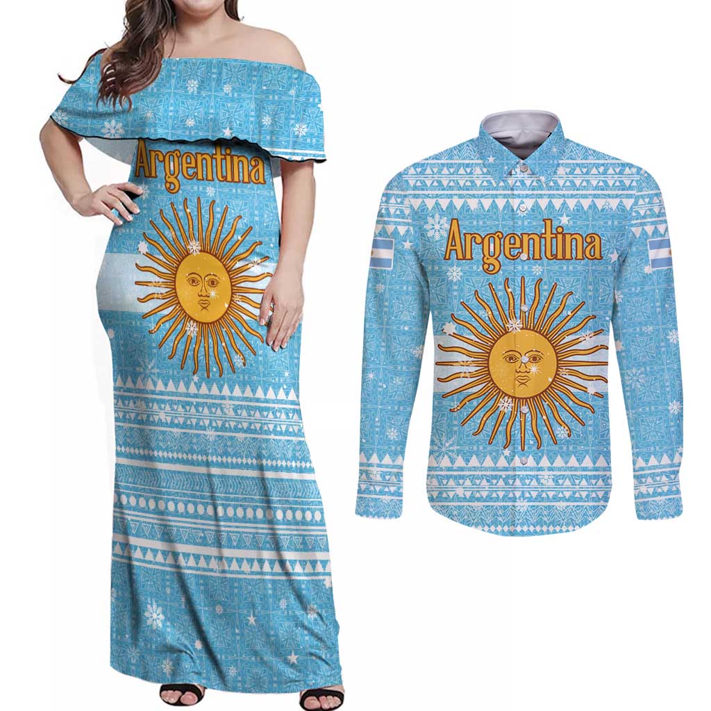 Argentina Christmas Couples Matching Off Shoulder Maxi Dress and Long Sleeve Button Shirt with Blue-White Snowflake Pattern, Sun Emblem, and Map Motif - Wonder Print Shop