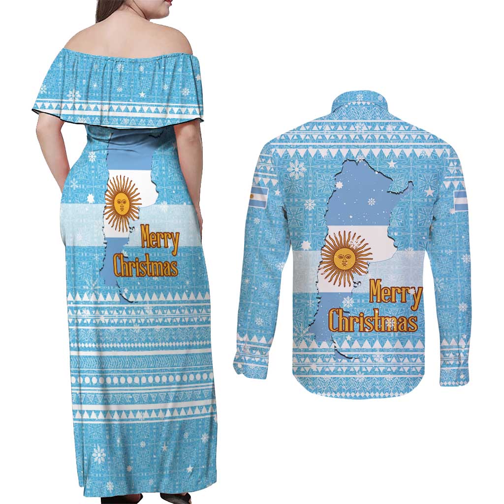 Argentina Christmas Couples Matching Off Shoulder Maxi Dress and Long Sleeve Button Shirt with Blue-White Snowflake Pattern, Sun Emblem, and Map Motif - Wonder Print Shop