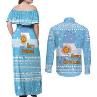 Argentina Christmas Couples Matching Off Shoulder Maxi Dress and Long Sleeve Button Shirt with Blue-White Snowflake Pattern, Sun Emblem, and Map Motif - Wonder Print Shop