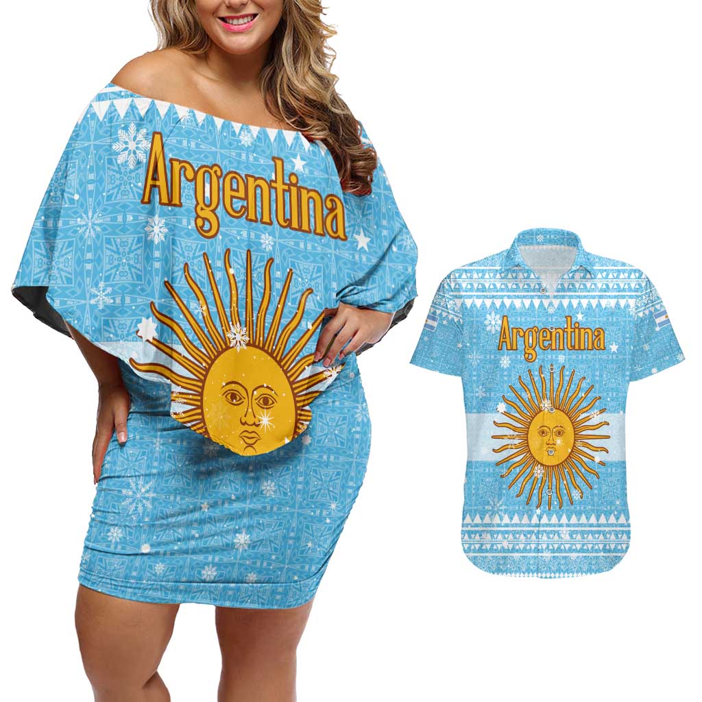 Argentina Christmas Couples Matching Off Shoulder Short Dress and Hawaiian Shirt with Blue-White Snowflake Pattern, Sun Emblem, and Map Motif - Wonder Print Shop