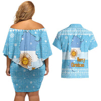 Argentina Christmas Couples Matching Off Shoulder Short Dress and Hawaiian Shirt with Blue-White Snowflake Pattern, Sun Emblem, and Map Motif - Wonder Print Shop