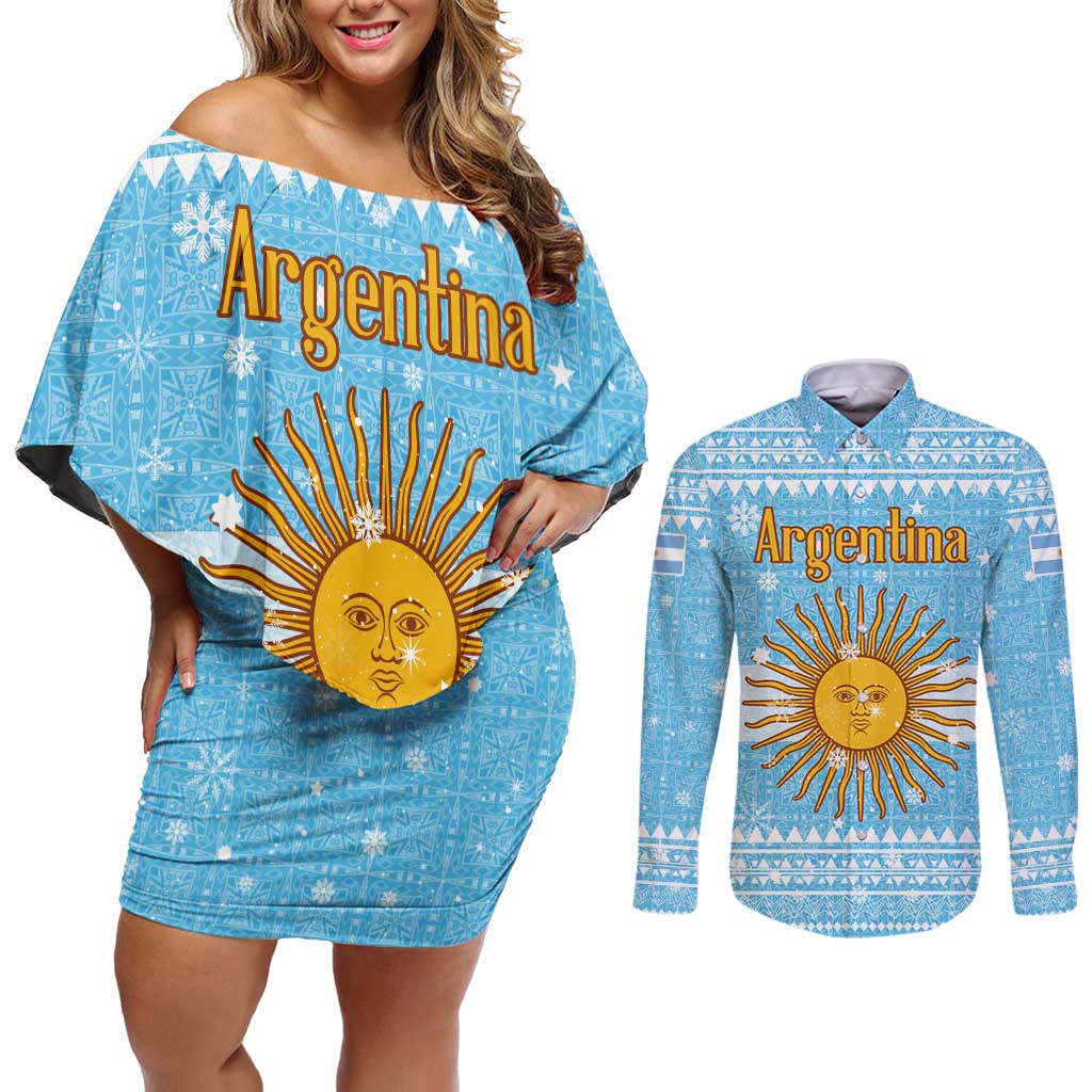 Argentina Christmas Couples Matching Off Shoulder Short Dress and Long Sleeve Button Shirt with Blue-White Snowflake Pattern, Sun Emblem, and Map Motif - Wonder Print Shop