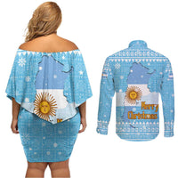 Argentina Christmas Couples Matching Off Shoulder Short Dress and Long Sleeve Button Shirt with Blue-White Snowflake Pattern, Sun Emblem, and Map Motif - Wonder Print Shop
