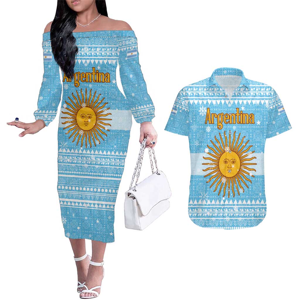 Argentina Christmas Couples Matching Off The Shoulder Long Sleeve Dress and Hawaiian Shirt with Blue-White Snowflake Pattern, Sun Emblem, and Map Motif - Wonder Print Shop