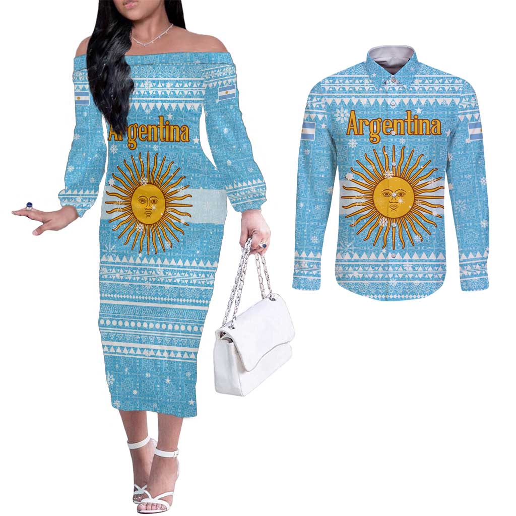 Argentina Christmas Couples Matching Off The Shoulder Long Sleeve Dress and Long Sleeve Button Shirt with Blue-White Snowflake Pattern, Sun Emblem, and Map Motif - Wonder Print Shop