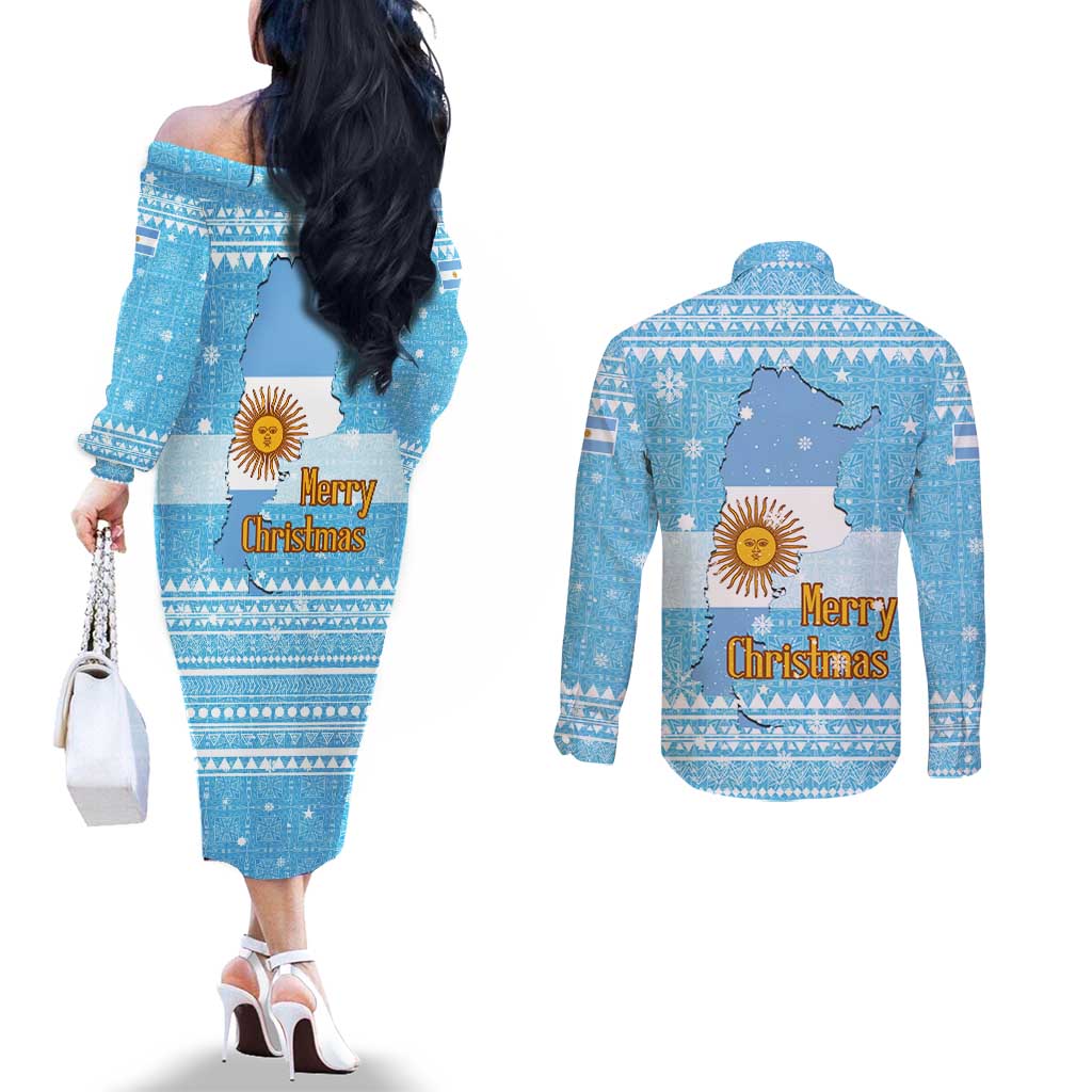 Argentina Christmas Couples Matching Off The Shoulder Long Sleeve Dress and Long Sleeve Button Shirt with Blue-White Snowflake Pattern, Sun Emblem, and Map Motif - Wonder Print Shop