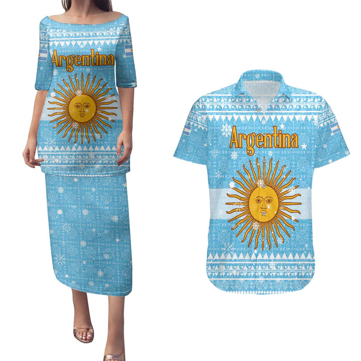 Argentina Christmas Couples Matching Puletasi and Hawaiian Shirt with Blue-White Snowflake Pattern, Sun Emblem, and Map Motif - Wonder Print Shop