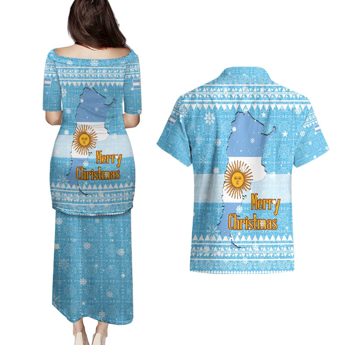 Argentina Christmas Couples Matching Puletasi and Hawaiian Shirt with Blue-White Snowflake Pattern, Sun Emblem, and Map Motif - Wonder Print Shop