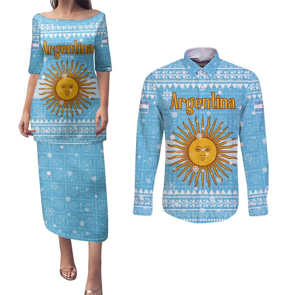 Argentina Christmas Couples Matching Puletasi and Long Sleeve Button Shirt with Blue-White Snowflake Pattern, Sun Emblem, and Map Motif - Wonder Print Shop
