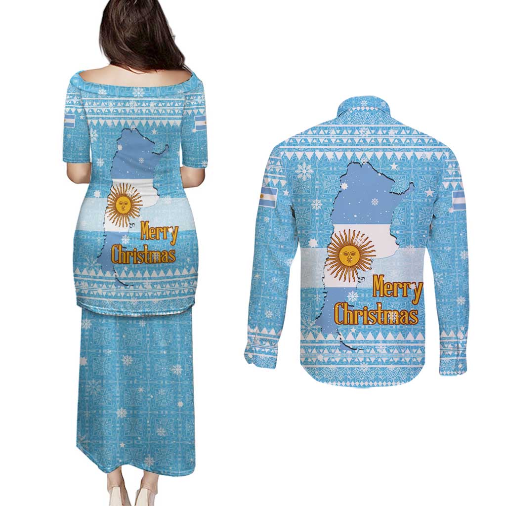 Argentina Christmas Couples Matching Puletasi and Long Sleeve Button Shirt with Blue-White Snowflake Pattern, Sun Emblem, and Map Motif - Wonder Print Shop