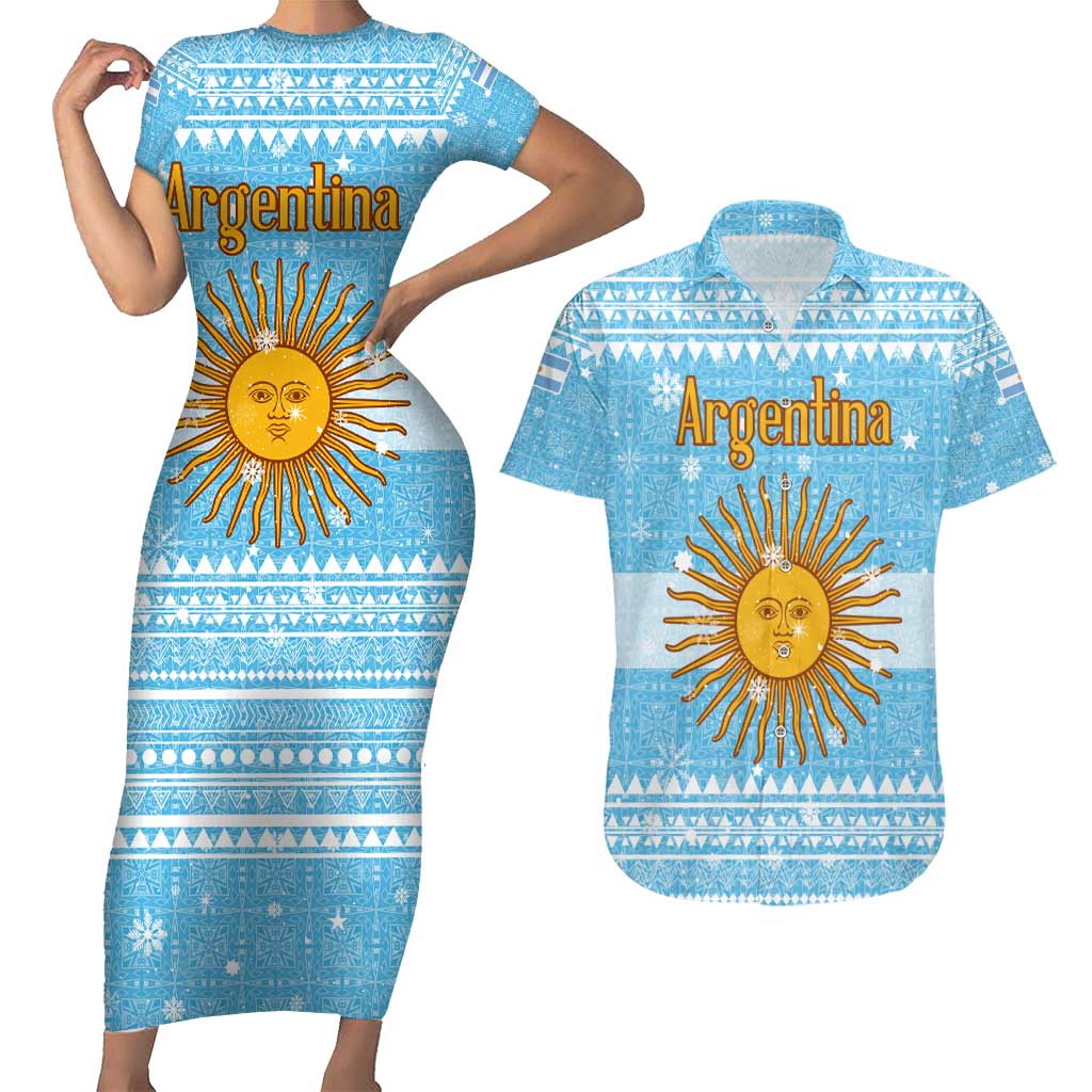 Argentina Christmas Couples Matching Short Sleeve Bodycon Dress and Hawaiian Shirt with Blue-White Snowflake Pattern, Sun Emblem, and Map Motif - Wonder Print Shop