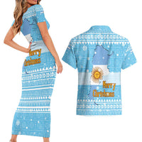 Argentina Christmas Couples Matching Short Sleeve Bodycon Dress and Hawaiian Shirt with Blue-White Snowflake Pattern, Sun Emblem, and Map Motif - Wonder Print Shop