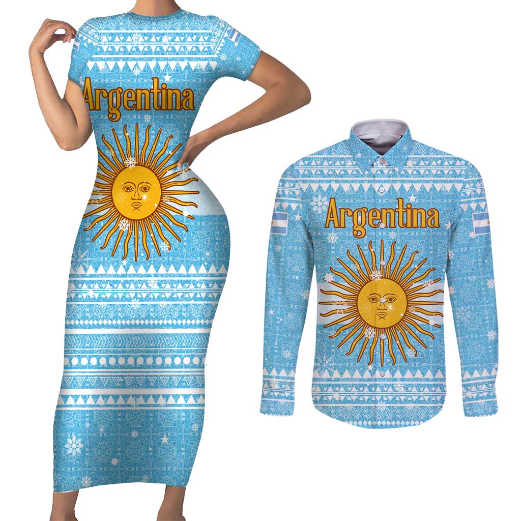 Argentina Christmas Couples Matching Short Sleeve Bodycon Dress and Long Sleeve Button Shirt with Blue-White Snowflake Pattern, Sun Emblem, and Map Motif - Wonder Print Shop